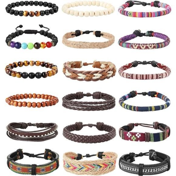 18Pcs Leather Bead Tribal Bracelet for Men Women Charm Ethnic Wood Beaded - Picture 1 of 6